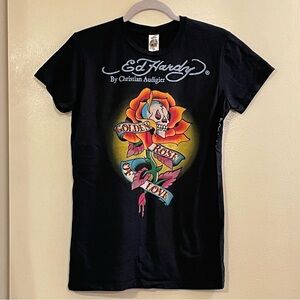 ED HARDY by CHRISTIAN AUDIGIER Golden Rose of Love Crew Neck Basic Tee in Black